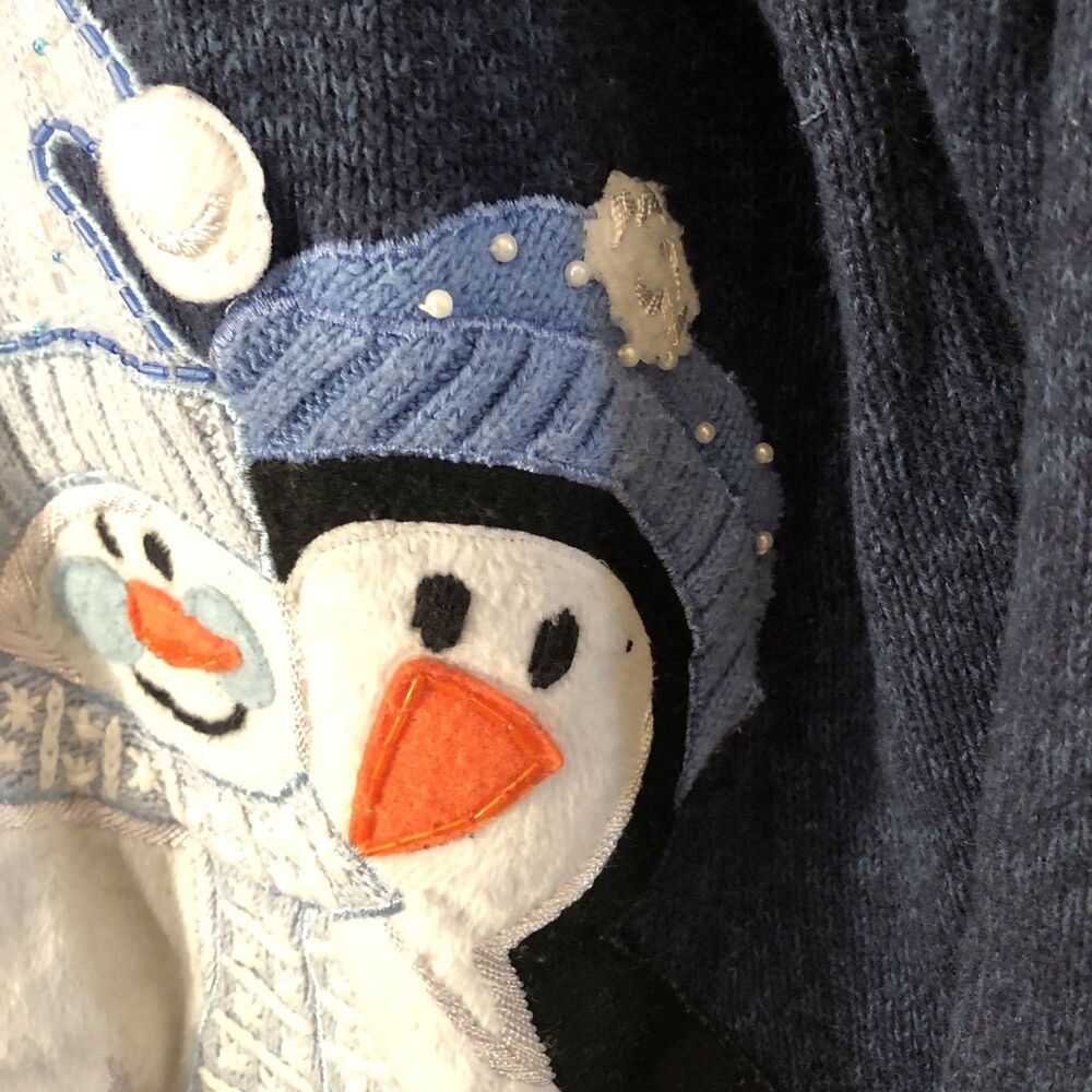 Women’s Size L 14/16 Penguin Christmas Winter Blue Zip Up Cardigan Sweater - Picture 10 of 16